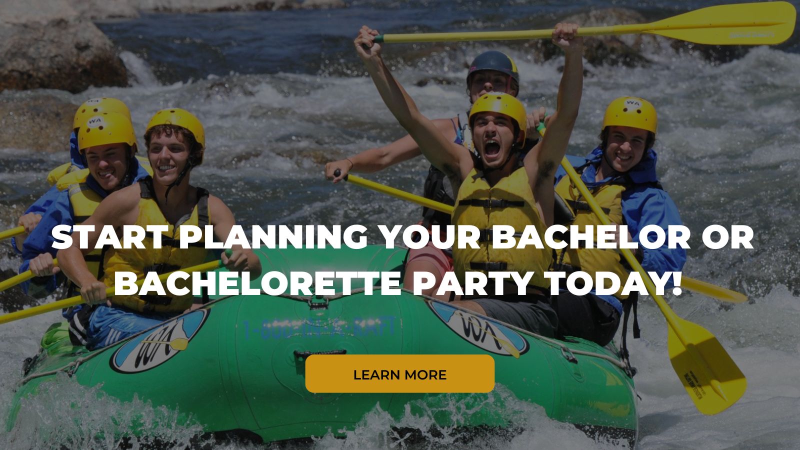 Men in a green raft raise their yellow paddles above their heads