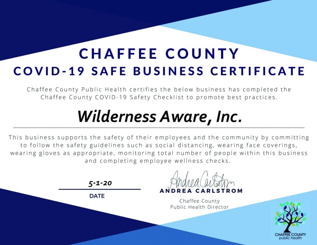 A covid safe business certificate granted to Wilderness Aware, Inc