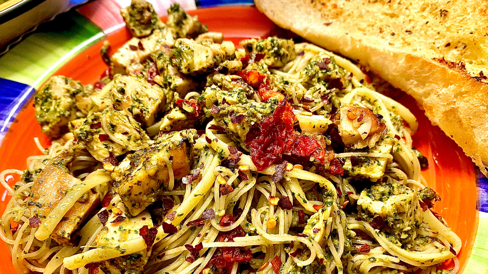 A large plate of pest pasta